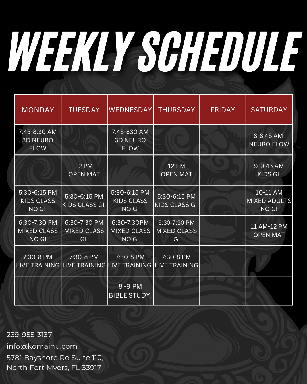 Komainu Jiu-Jitsu Weekly Class Schedule